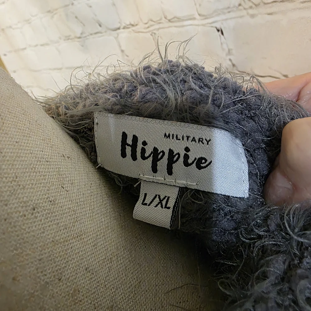 Military Hippie Gray Shaggy‎ Hooded Cardigan Sweater Fuzzy Boho Jacket L/XL